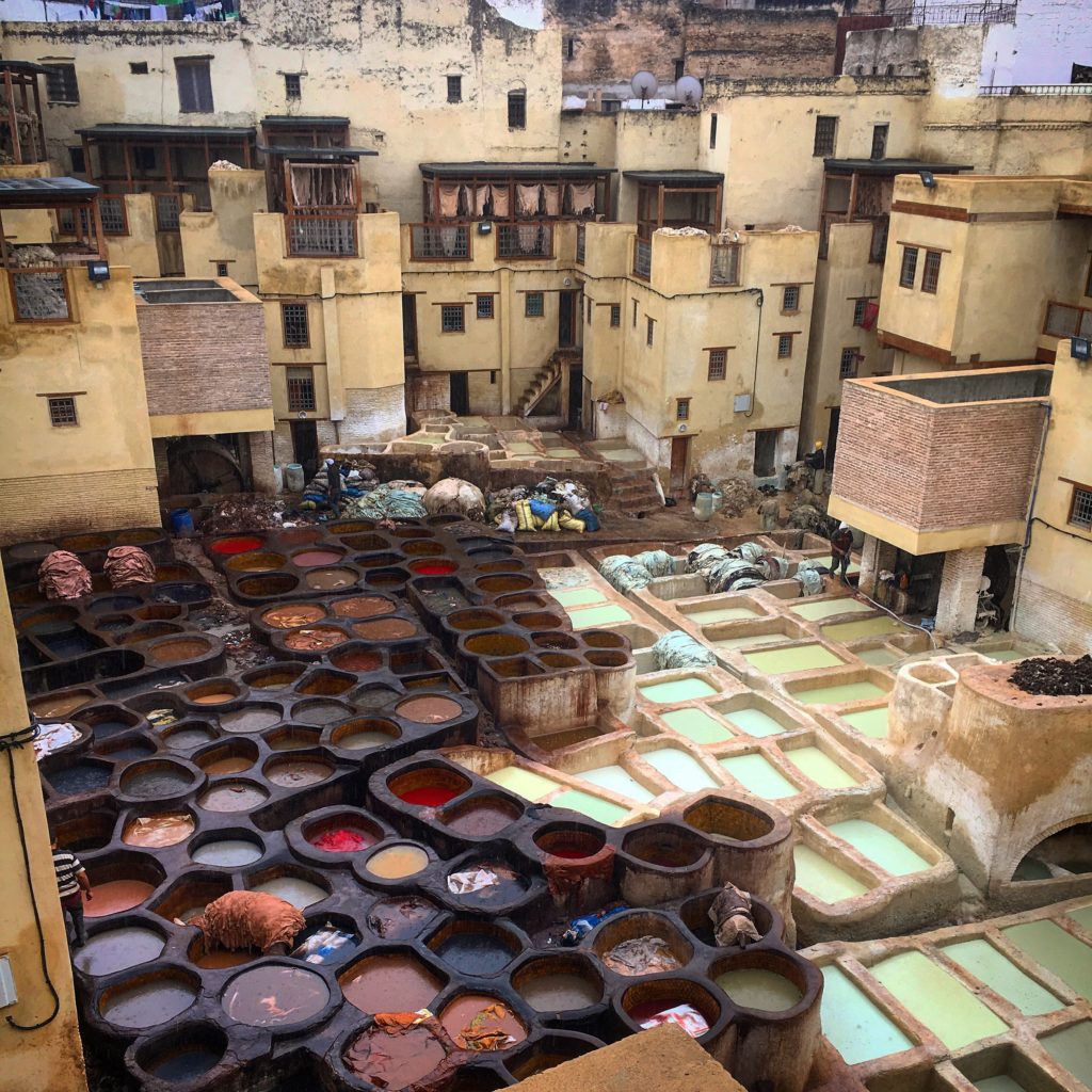 Leather making and leather dyeing viewpoint in Fez, Morocco