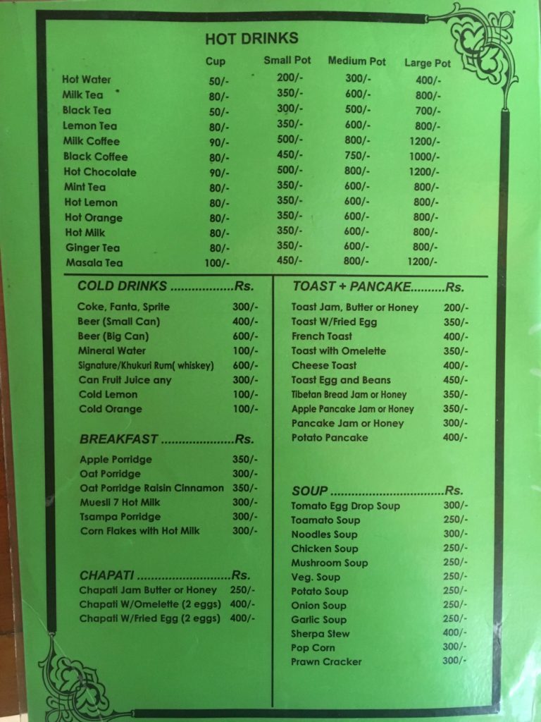 Sample menu for EBC trek, eating on EBC trek, Everest region trekking. Ultimate Guide to Everest Base Camp Trek, Three Passes Trek, Nepal Trekking