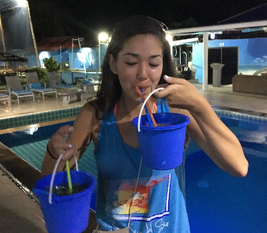Drinking liquor buckets at Arena Hostel, Koh Phangan, Thailand