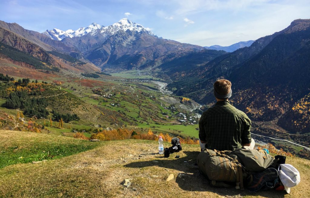 Resting at a viewpoint between Mestia and Zhabeshi in Svaneti, Georgia on the trek to Ushguli