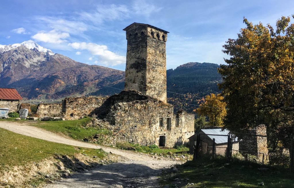 Village and archer tower between Mestia and Zhabeshi on the trek to Ushguli in Svaneti, Georgia