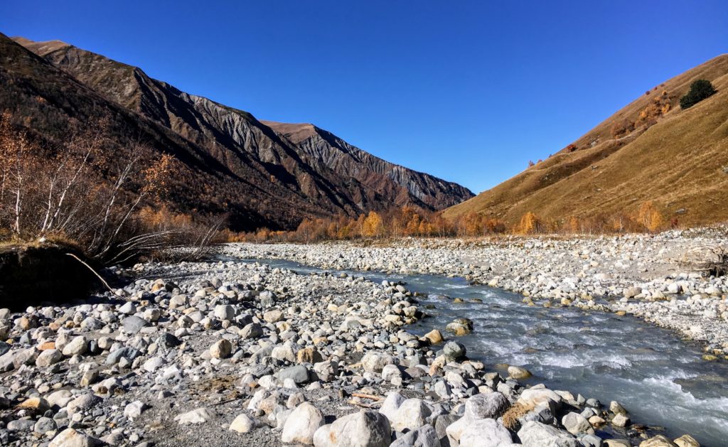 River crossing between Adishi and Iprari, on the Mestia to Ushguli trek in Svaneti, Georgia