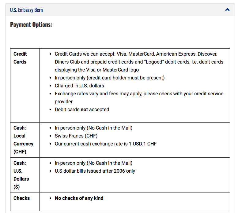 Payment Options at the U.S. Embassy in Bern