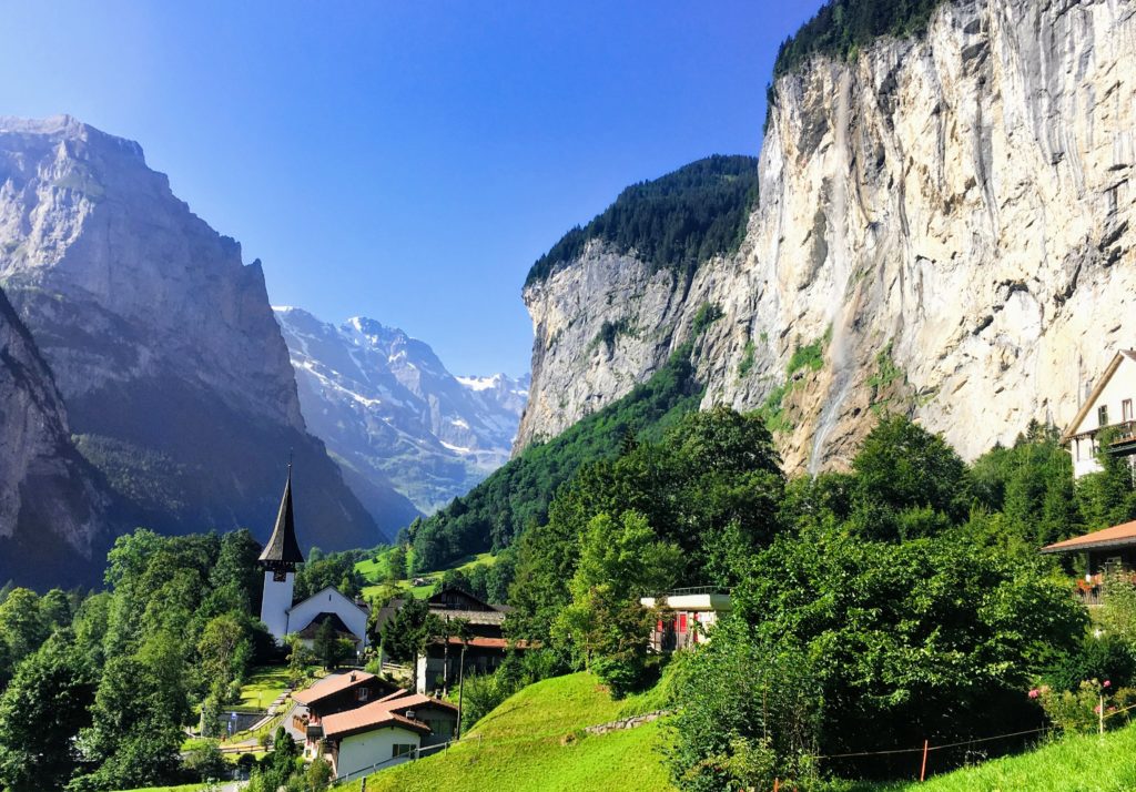 Lauterbrunnen church and waterfall, Switzerland