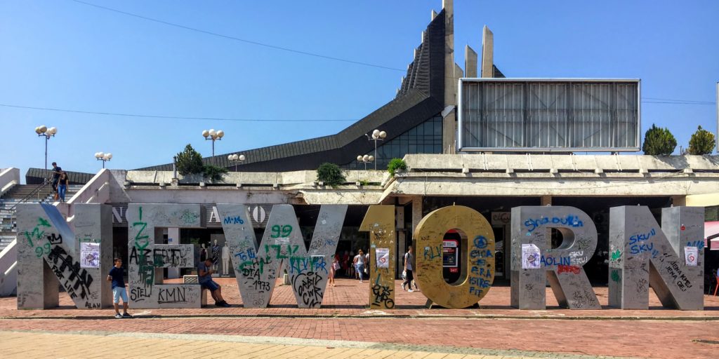 Newborn sign in center city Prishtina, Kosovo celebrating 10 years of independence