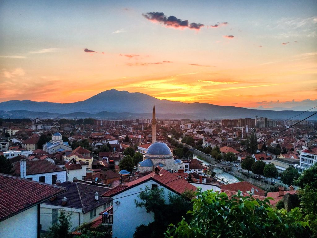 Prizren sunset over Kosovo and mosque