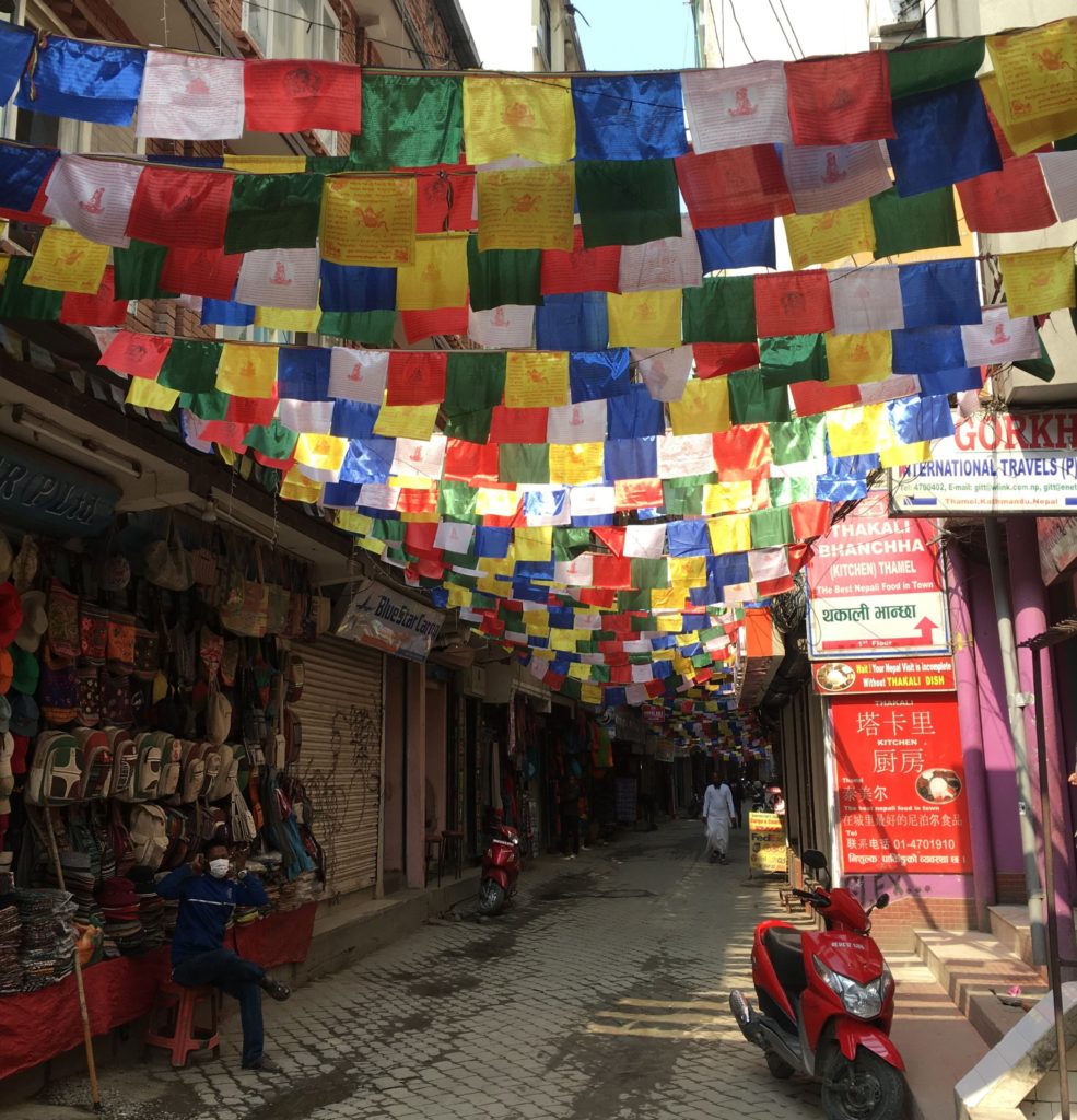 Thamel alleyways in Kathmandu, Nepal with Prayer Flags