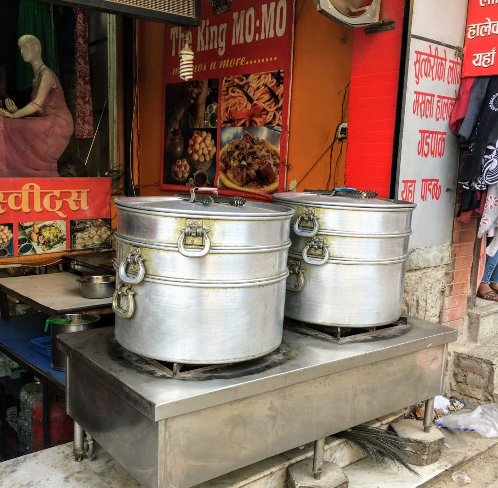 Momo steamers outside of Momo King, Kathmandu Nepal. Backpacker's guide to Kathmandu