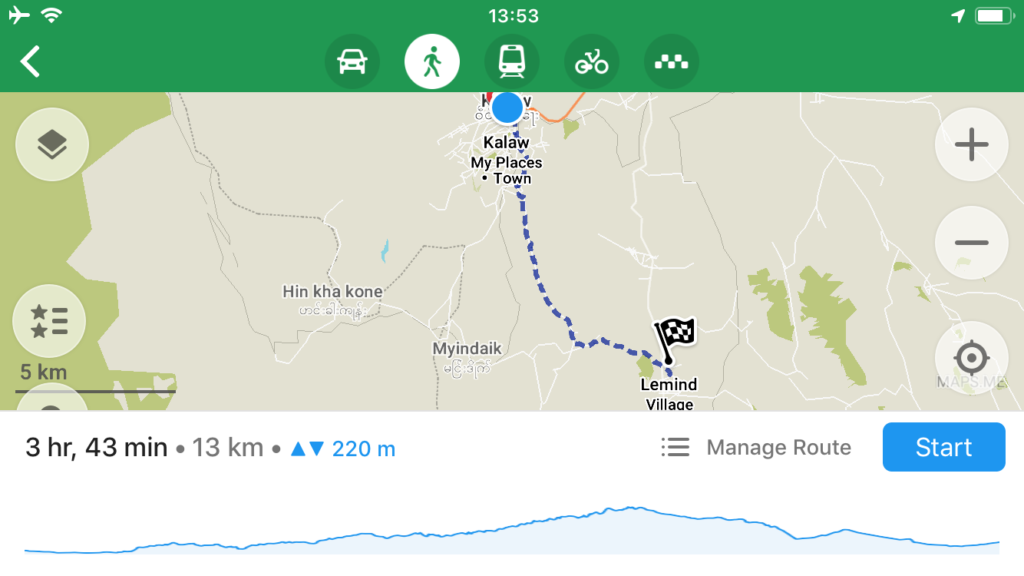 Maps.me navigation of Kalaw to Inle Lake trek unguided in Myanmar