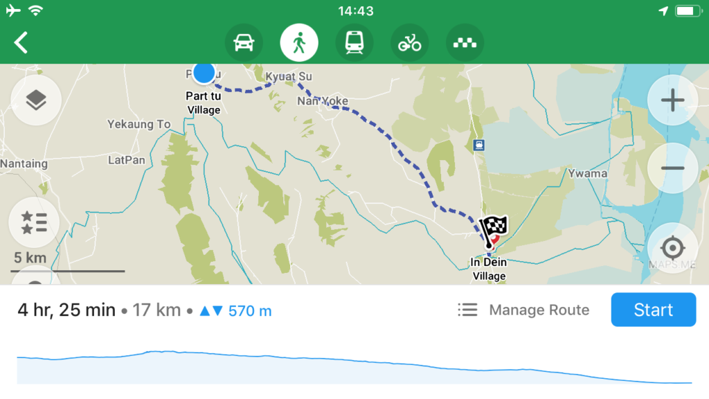 Maps.me navigation of Kalaw to Inle Lake trek unguided in Myanmar