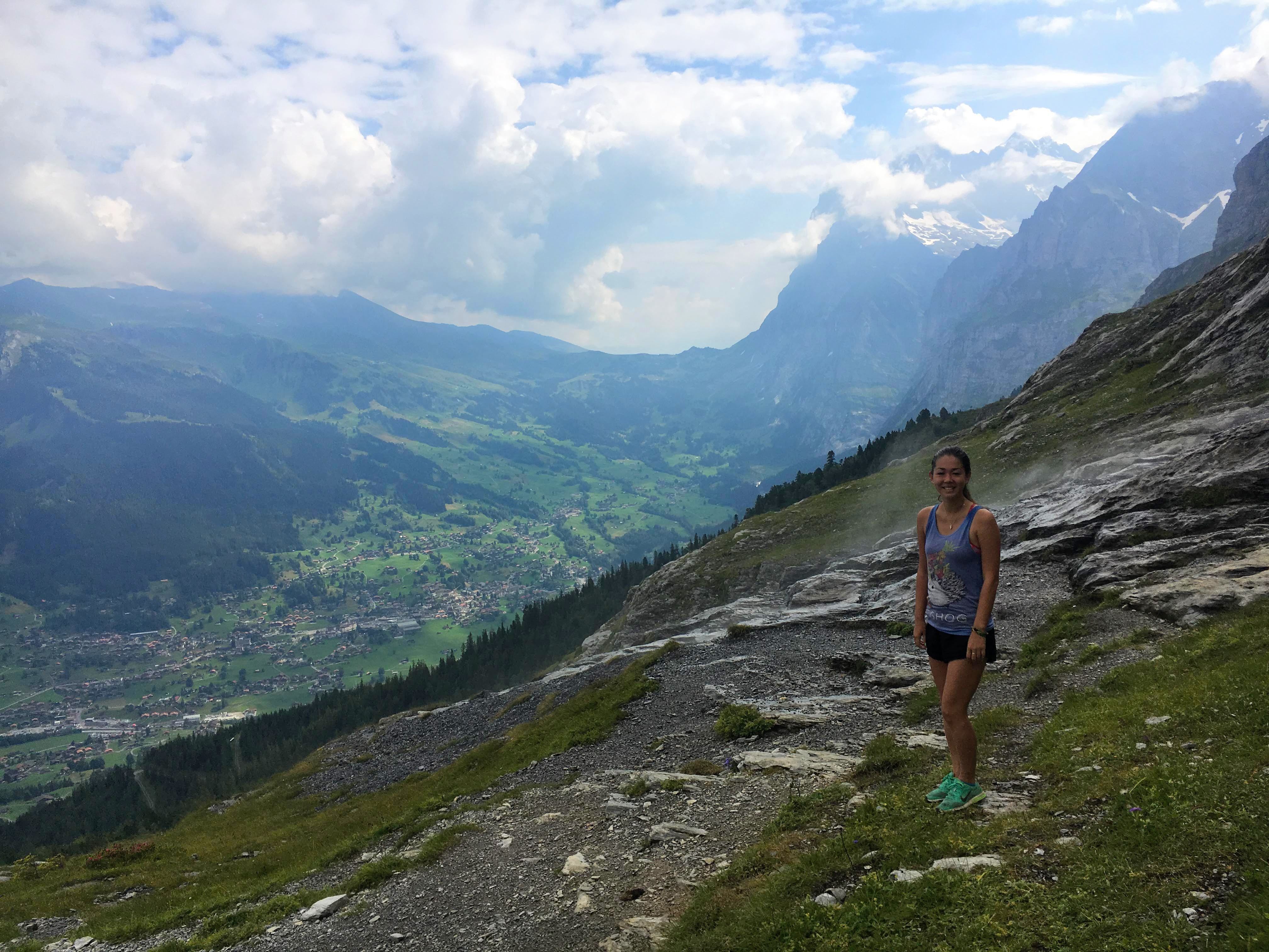 Hiking the Eiger trail in Switzerland, in the Swiss Alps. Between Kleine Scheidegg, Grindelwald, Lauterbrunnen, and Interlaken hike