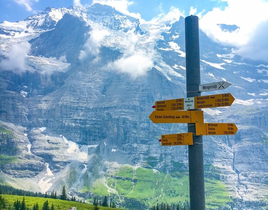 Hiking the Eiger trail in Switzerland, in the Swiss Alps. Between Kleine Scheidegg, Grindelwald, Lauterbrunnen, and Interlaken hike