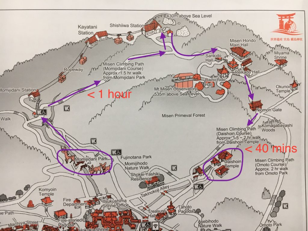 Mt. Misen hike Miyajima Japan itinerary, Miyajima day-trip mount misen hike is worth it views islands Mt. Misen map Momijidani course, Daishon Course, Omoto Course, climbing Miyajima map