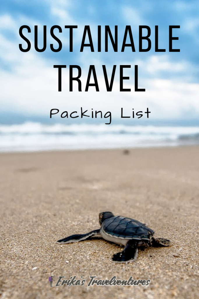 Sustainable travel packing list, what to pack to travel sustainably and lower your carbon footprint. Reusable bag, shampoo bars, earth-friendly products, reduce plastic use pinterest
