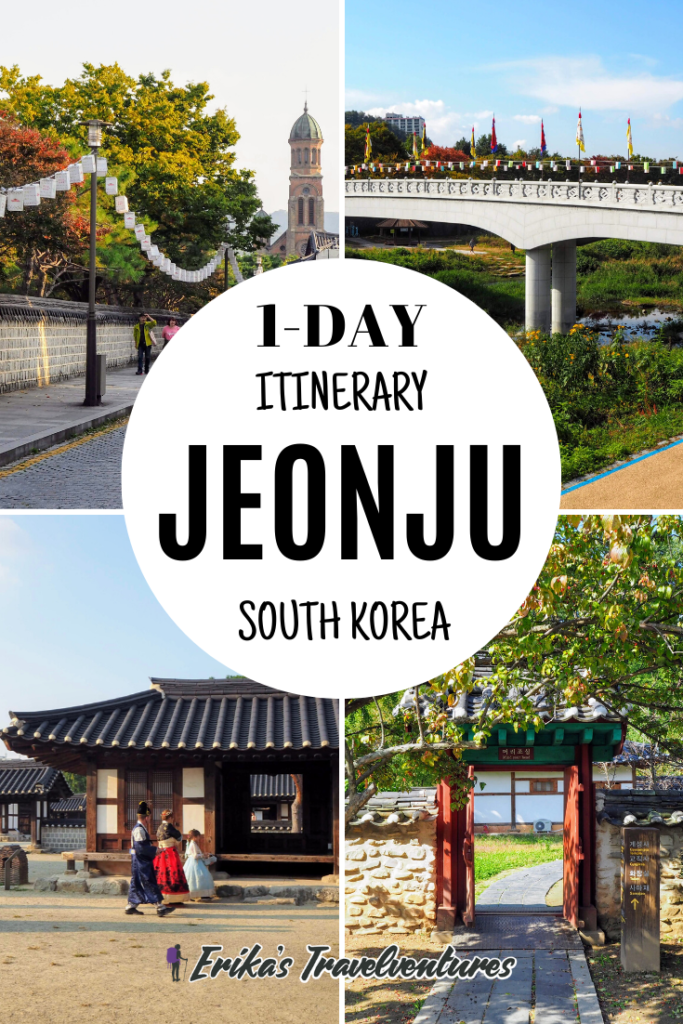 Jeonju one day itinerary, how to spend one day in jeonju: eating bibimbap, exploring the old hanok village, walking along the river, visiting the market and mural village, catholic church and portrait museum pinterest