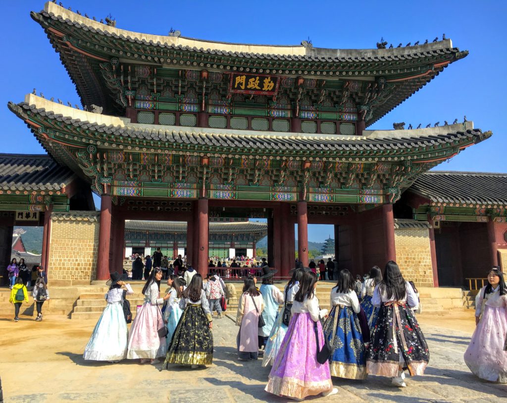 shrine in seoul south korea with hanbok girls