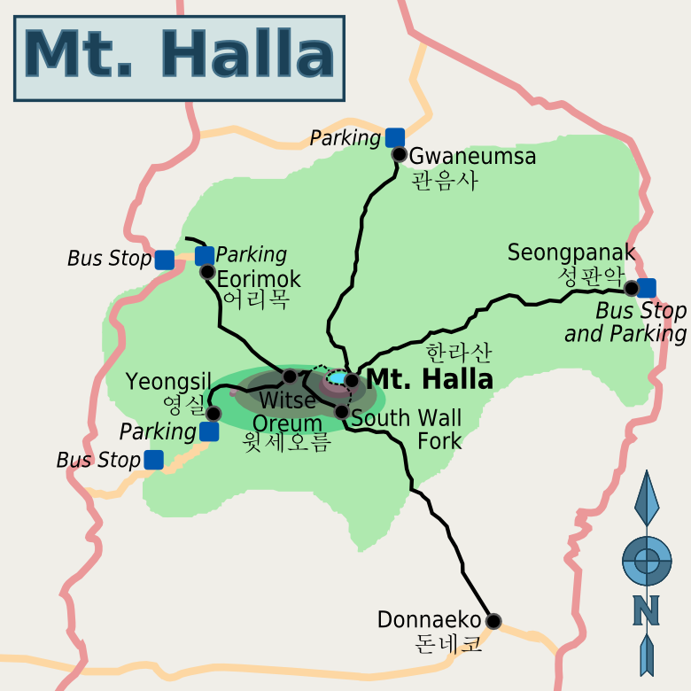 hiking hallasan on jeju island in south Korea. Map and how to get there, which is the best trail for hiking Hallasan Gwanemusa Trail Seongpanak Trail