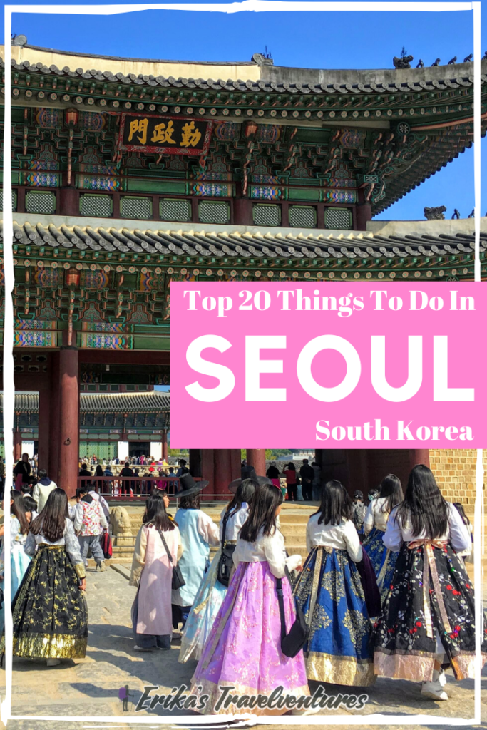 Top 20 things to do in Seoul, South Korea. Seoul for first-time visitors things to do, Seoul highlights in South Korea. War Memorial of Korea N-Tower Namdaemun Market Myeongdong Night Market Cheonggye stream Gwangjang Market - for street food, featured on Netflix Bukchon Hanok Village Gyeongbokgung Palace National Folk Museum of Korea Changdeokgung Palace Changgyeonggung Palace Secret Garden Jongmyo Shrine - timed entry only except for Saturdays Jogyesa Temple - flowers and buddha Insadong shopping street, Ssamziegil Mall Ikseondong Hanok Village Buhkansan National Park Nami Island Day Trip Starfield Library Namhansanseong Fortress Hike