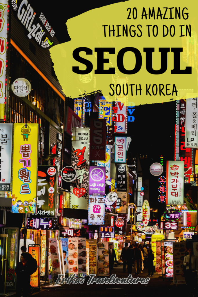 Top 20 things to do in Seoul, South Korea. Seoul for first-time visitors things to do, Seoul highlights in South Korea. War Memorial of Korea N-Tower Namdaemun Market Myeongdong Night Market Cheonggye stream Gwangjang Market - for street food, featured on Netflix Bukchon Hanok Village Gyeongbokgung Palace National Folk Museum of Korea Changdeokgung Palace Changgyeonggung Palace Secret Garden Jongmyo Shrine - timed entry only except for Saturdays Jogyesa Temple - flowers and buddha Insadong shopping street, Ssamziegil Mall Ikseondong Hanok Village Buhkansan National Park Nami Island Day Trip Starfield Library Namhansanseong Fortress Hike