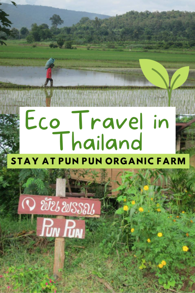 Pun Pun organic farm in Chiang Mai Thailand sign post. Thai characters green farming, sustainable living practices. Pun Pun center for self reliance volunteering experience. Organic farm shop