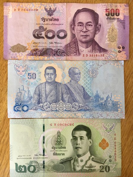 Thai Baht bills with old king and new king, budget for thailand travel
