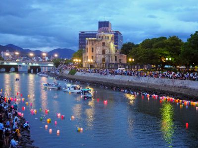 HIroshima peace memorial museum visit, August 6th 1945 Hiroshima peace memorial ceremony 2019 Cenotaph victims memorial. Atomic dome lantern floating ceremony